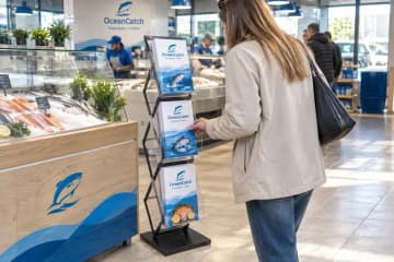 Буклетниця-конструктор у рибному магазині, покупниця бере буклет
