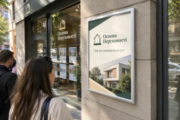 Клік-рамка з постером на фасаді агентства нерухомості