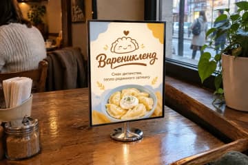 Настільний фреймлайт з фото страви на столі кафе
