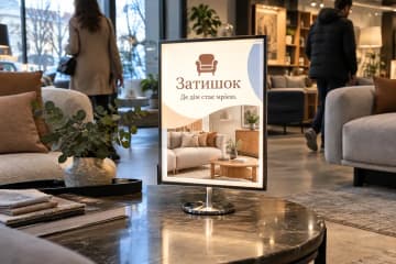 Настільний фреймлайт на столику в меблевому салоні