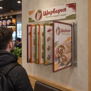 Перекидна система з меню на стіні закладу швидкого харчування