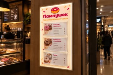 Стенд з підсвіткою і кишенями для меню біля кондитерської в ТЦ