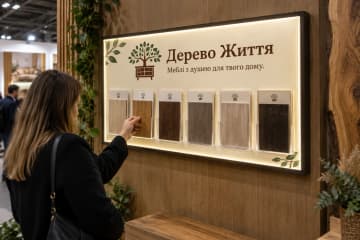Горизонтальний стенд з підсвіткою і зразками покриттів у меблевому салоні