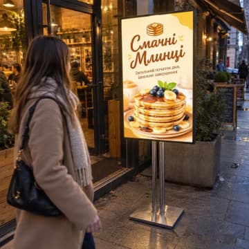 Світловий меню-стенд ввечері біля входу в кафе