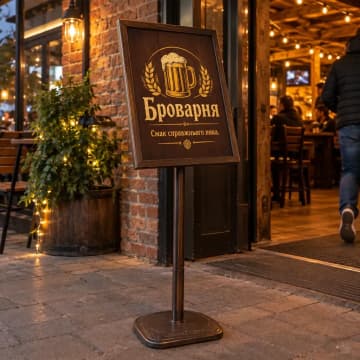 Меню-стенд у темній рамі біля входу в пивний ресторан