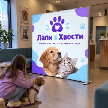Мобільний лайтбокс у ветклініці, поруч дівчинка з собакою