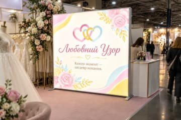 Мобільний лайтбокс на весільній виставці поруч із сукнями