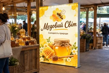 Мобільний лайтбокс на ярмарку поруч з прилавком меду