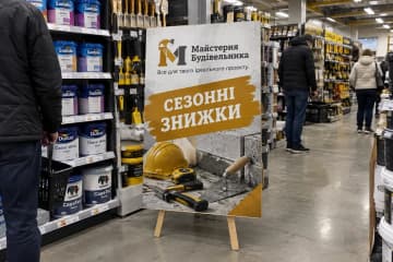 Хардпостер про сезонні знижки в проході будівельного магазину