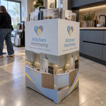 Висока рекламна тумба з каталогами в салоні кухонь