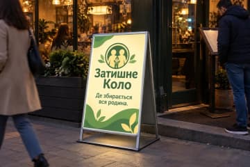 Штендер з підсвіткою на тротуарі біля кафе, повз проходять люди