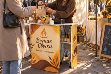 На фото промостіл Classic розміром 47×47 см на ярмарку свічок під відкритим небом.