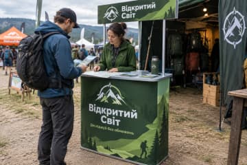 На фото промостіл Classic розміром 85×50 см на фестивалі туристичного спорядження.