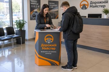 Промостіл Classic 47×47 см у холі автошколи біля рецепції, з друкованим обгортанням із ПВХ та пластиковою стільницею.