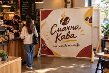 У кав’ярні показано брендвол Wood з видимим дерев’яним каркасом і ПВХ-банером біля кавового прилавка.