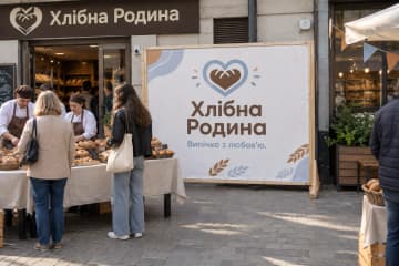 Біля пекарні показано брендвол Wood з дерев’яним каркасом і ПВХ-банером поруч із вітриною та столом із хлібом.