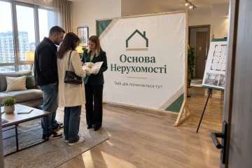 В інтер’єрі квартири показано брендвол Wood з дерев’яним каркасом і ПВХ-банером біля зони огляду житла.