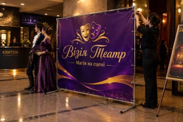 У фойє театру знято брендвол Chrome: хромований трубчастий каркас, видимі ніжки та банер, закріплений люверсами й зав’язками.