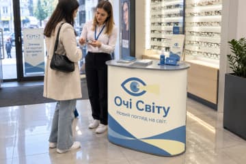 Промостіл Oval розміром 85×45 см в лобі магазину оптики, де видно овальну стільницю та друковану панель спереду.