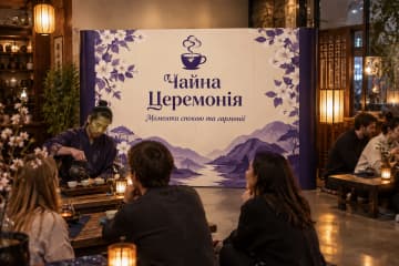 Поп-ап Line розміром 360×230 см показано в чайному домі під час дегустації біля низьких столиків.
