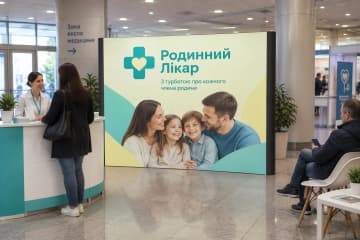 Фотографія поп-ап стенду Поп-ап Line 285×230 см у лобі клініки на медичній виставці біля стійки реєстрації та стільців.