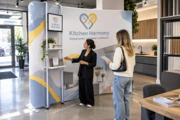 У шоурумі кухонної студії встановлено поп-ап Stretch з полицями заввишки близько 226 см із безшовним принтом для Kitchen Harmony.