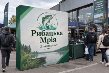 Поп-ап 3D розміром 374×300 см біля входу до магазину рибальських товарів під час вихідного ярмарку снастей.