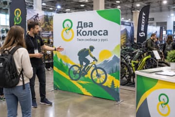 Прямий текстильний поп-ап 200×230 см для бренду «Два Колеса» на вело-виставці поруч із велосипедами та столом реєстрації.