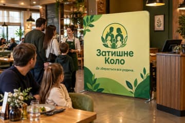 Прямий текстильний поп-ап 200×230 см для бренду «Затишне Коло» у сімейному ресторані біля столів і стійки хостес.