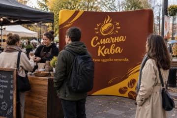 На фото показано текстильний поп-ап 200×230 см у кав’ярні на вуличному ярмарку.