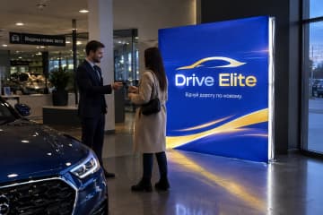 Світловий поп-ап Light 226×226 см в автосалоні Drive Elite біля зони видачі авто, де полотно світиться рівномірно зсередини.