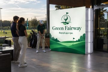 Світловий поп-ап Light 300×300 см у гольф-клубі Green Fairway на терасі клубхаусу, де полотно рівномірно світиться.