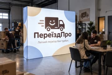 Світловий поп-ап Light 374×300 см в офісі ПереїздПро серед коробок і столу, де зображення світиться зсередини.