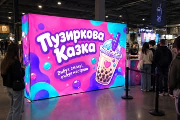 На фуд-фесті видно світловий поп-ап Light 449×300 см для Пузиркова Казка поруч із стійкою з напоями та відвідувачами.