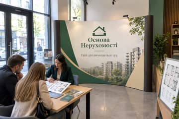 Криволінійна поп-ап стіна Pop-up Arc 420×230 см в офісі агентства нерухомості з вертикальними друкованими ПВХ-панелями та чорними торцями.