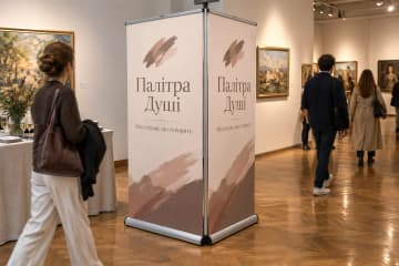 Подвійний рол-ап Duo розміром 120×200 см стоїть у художній галереї поруч із картинами та столом реєстрації.