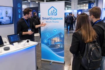 На техконференції біля стенду SmartБудинок стоїть рол-ап Junior 100×200 см з тонкою касетою та одним полотном поруч із демостолом.