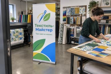 У шоурумі Текстиль-Майстер стоїть рол-ап Junior 80×200 см з тонкою касетою та одним полотном біля рулонів тканини й столу.