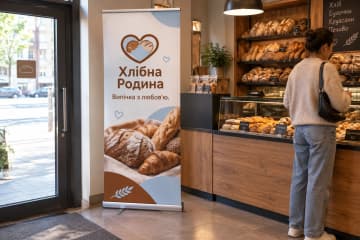 Рол-ап Junior 80×200 см у пекарні біля вітрини, поруч із прилавком і полицями з випічкою.