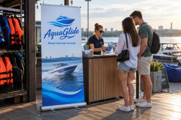 Ролл-ап Royal Plus 100×200 см розміщений на причалі біля кіоску прокату човнів на набережній.