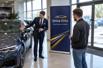 Ролл-ап Royal Plus 120×200 см встановлений у шоурумі автосалону поруч із автомобілем і входом.