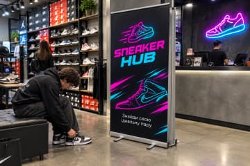 Рол-ап Prime 120×200 см у магазині Sneaker Hub поруч із примірочним місцем і полицями.