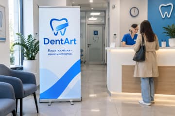 Рол-ап Prime 85×200 см у холі стоматологічної клініки DentArt біля рецепції.