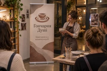 На фото ролл-ап Classic розміром 85×200 см стоїть у вестибюлі гончарної студії, видно алюмінієву касету та дві поворотні ніжки.