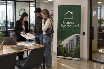 На фото ролл-ап Classic розміром 85×200 см стоїть в офісі агентства нерухомості, видно алюмінієву касету та дві поворотні ніжки.