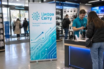 На фото ролл-ап Classic розміром 100×200 см стоїть біля входу до магазину електроніки, видно алюмінієву касету та дві поворотні ніжки.