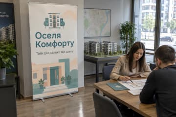 Ролл-ап Classic Plus 150×200 см в офісі агентства нерухомості біля переговорного столу, на фото видно широку касету з хромованими торцями.