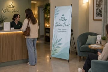 У вестибюлі масажної студії встановлено Х-банер Royal 80×180 см із друкованим банером на Х-подібному каркасі.