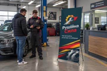 У зоні приймання автосервісу видно Х-банер Royal 100×200 см із друкованим банером на Х-подібному каркасі.