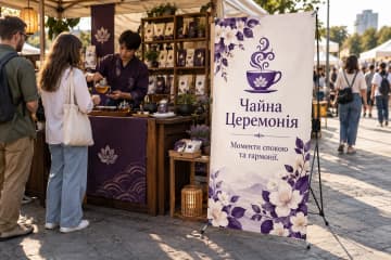 На фестивалі біля чайної дегустаційної стійки показано Х-банер Royal 150×200 см з друкованим банером на Х-подібному каркасі.